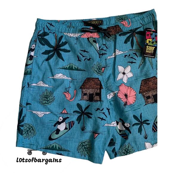 Surf Society Men's Size L Swim Trunks Shorts Palm Floral Panda Flamingos Nwt - Picture 8 of 9